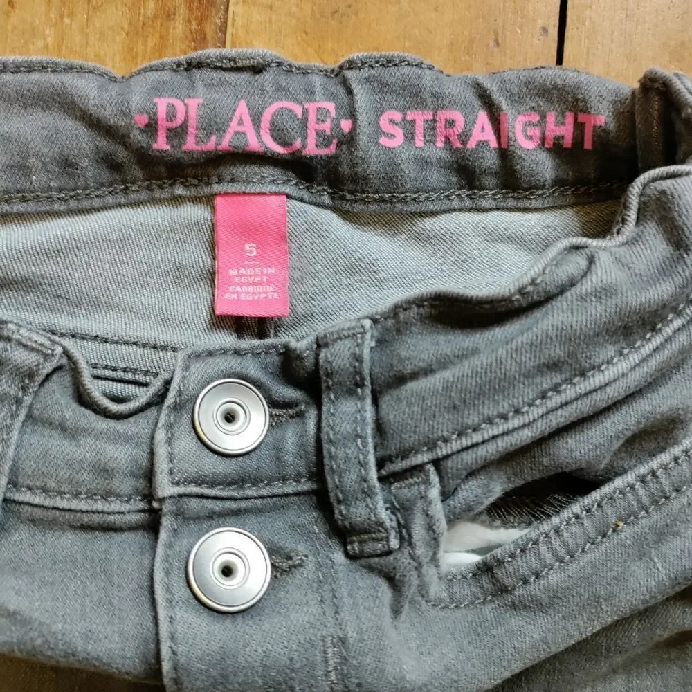 Place size 5 gray jeans straight leg distressed frayed hem adjustable waist